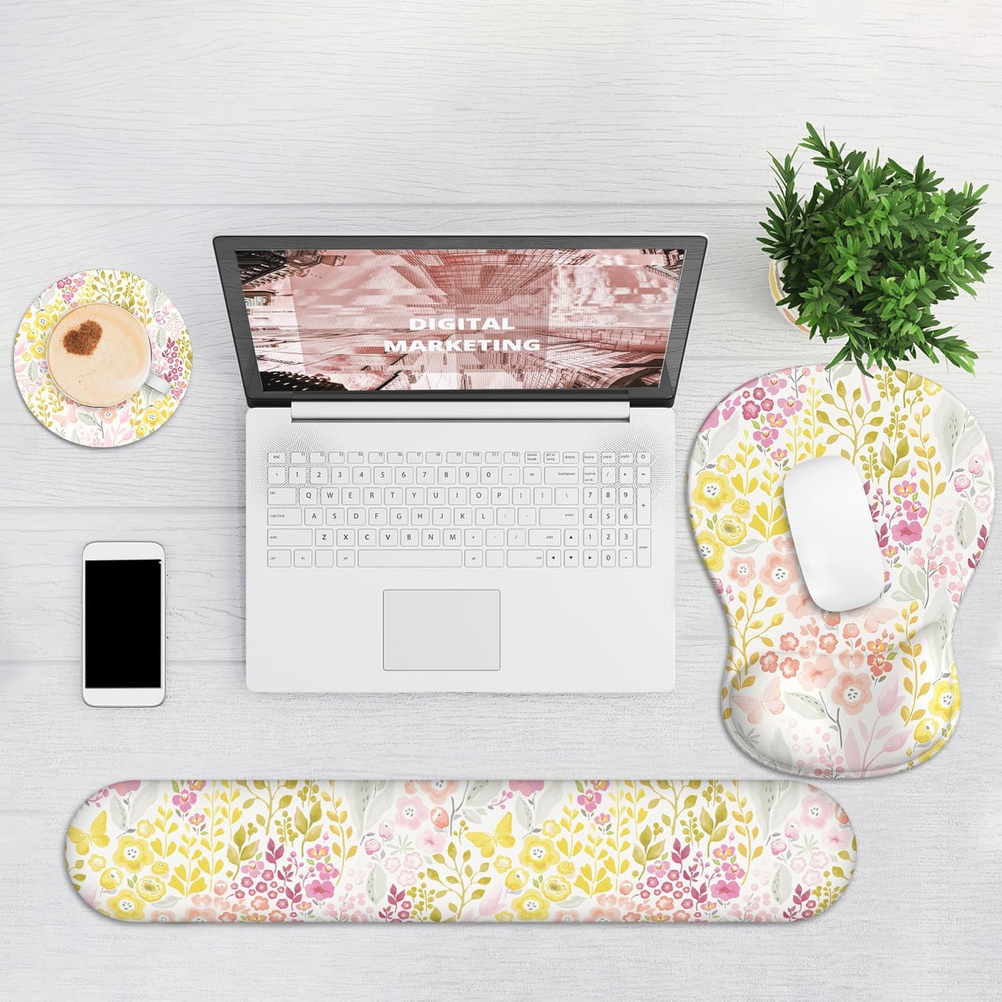 Ergonomic Mouse Pad with Wrist Rest and Keyboard Wrist Rest, Gel Mousepad and Wrist Rest for Computer Keyboard, Pain Relief, Non-Slip PU Base, Mouse Pad Wrist Support for Gaming, Pink Yellow Flowers