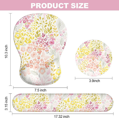 Ergonomic Mouse Pad with Wrist Rest and Keyboard Wrist Rest, Gel Mousepad and Wrist Rest for Computer Keyboard, Pain Relief, Non-Slip PU Base, Mouse Pad Wrist Support for Gaming, Pink Yellow Flowers