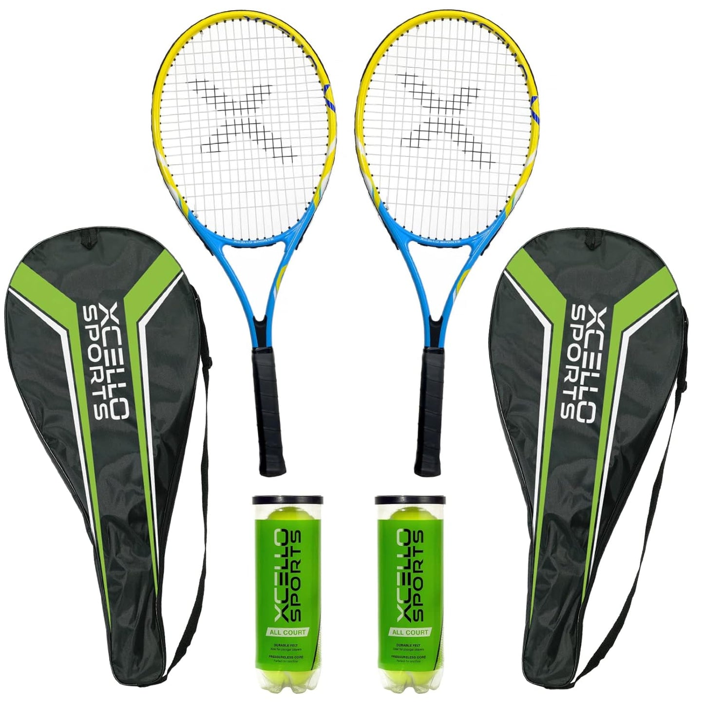 23" Aluminum Racket Set (Blue/Yellow) with 2 Tubes of Tennis Balls and 2 Covers