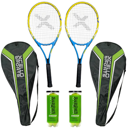 23" Aluminum Racket Set (Blue/Yellow) with 2 Tubes of Tennis Balls and 2 Covers