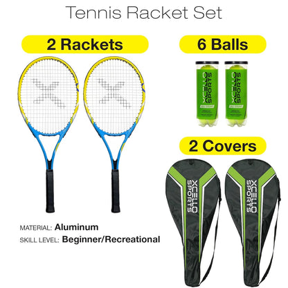23" Aluminum Racket Set (Blue/Yellow) with 2 Tubes of Tennis Balls and 2 Covers
