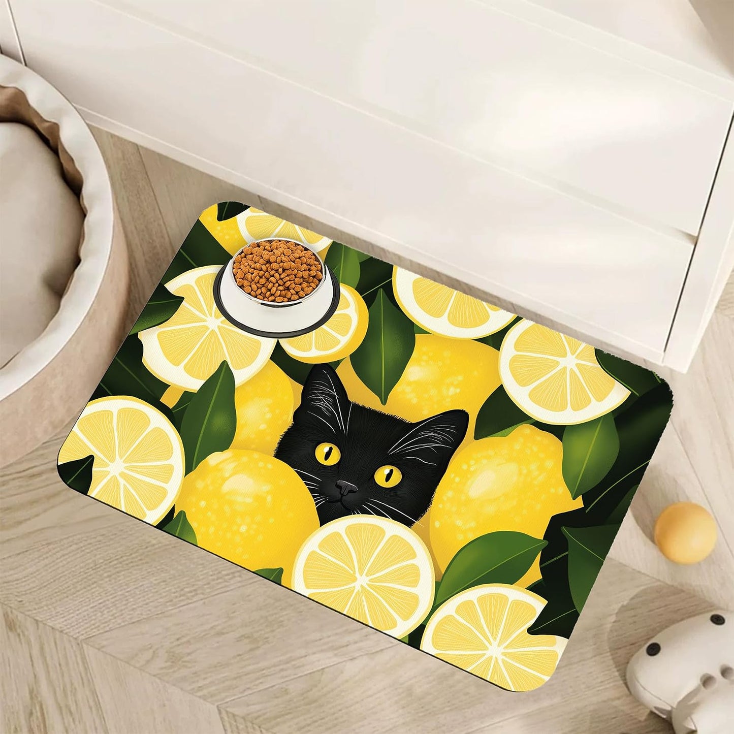 Black Cat Funny Dog Food Mat for Floors,Lemon Absorbent Pet Food and Water Bowl Mats,Non-Slip Pet Feeding Mat,Pet Supplies 16" x 24"