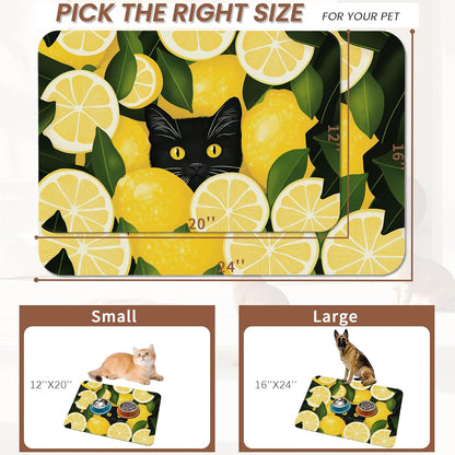 Black Cat Funny Dog Food Mat for Floors,Lemon Absorbent Pet Food and Water Bowl Mats,Non-Slip Pet Feeding Mat,Pet Supplies 16" x 24"