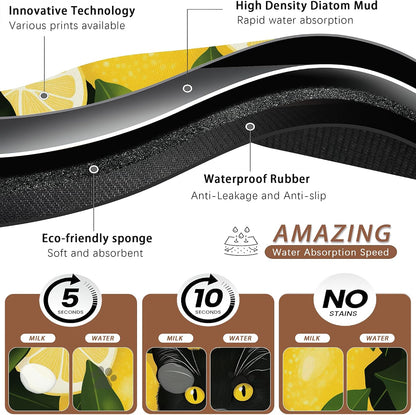 Black Cat Funny Dog Food Mat for Floors,Lemon Absorbent Pet Food and Water Bowl Mats,Non-Slip Pet Feeding Mat,Pet Supplies 16" x 24"