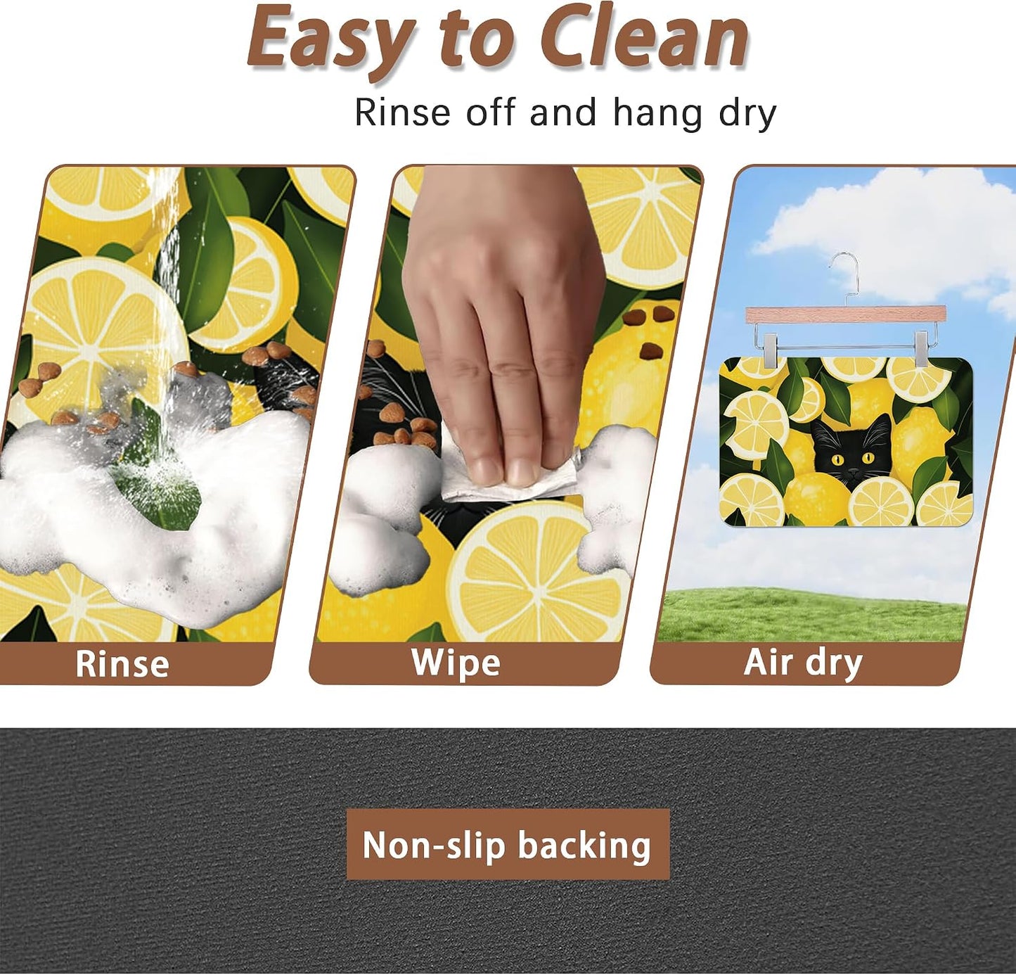 Black Cat Funny Dog Food Mat for Floors,Lemon Absorbent Pet Food and Water Bowl Mats,Non-Slip Pet Feeding Mat,Pet Supplies 16" x 24"