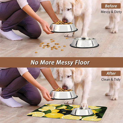 Black Cat Funny Dog Food Mat for Floors,Lemon Absorbent Pet Food and Water Bowl Mats,Non-Slip Pet Feeding Mat,Pet Supplies 16" x 24"