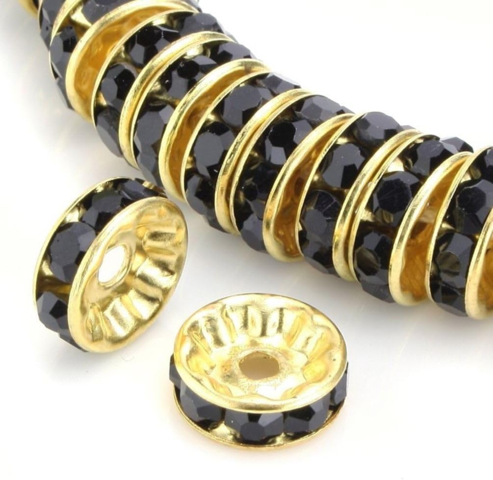 100pcs Adabele Grade A 6mm Rhinestone Gold Rondelle Beads, Jet Black | 18K Yellow Gold Plated, Sparkle Crystal Rhinestone Wheel Rondelle Spacers for Craft Jewelry Making Beadwork Separation