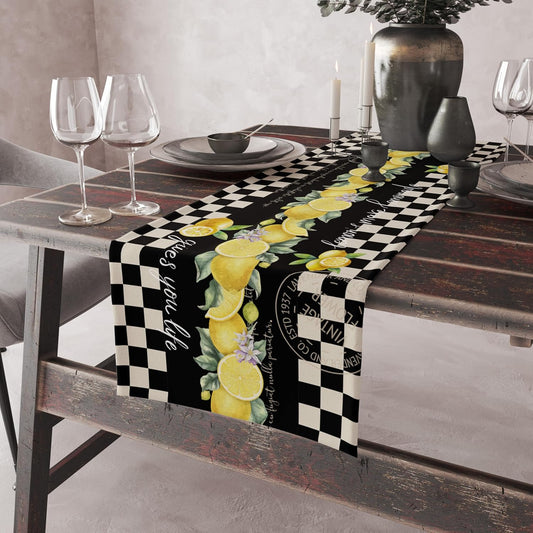 Lemon Table Runner,Italian Vintage Style Black and White Checkered Table Decor with Yellow Lemons and Blossoms – Rustic Kitchen Dining Tabletop Decoration 13x36 Inch