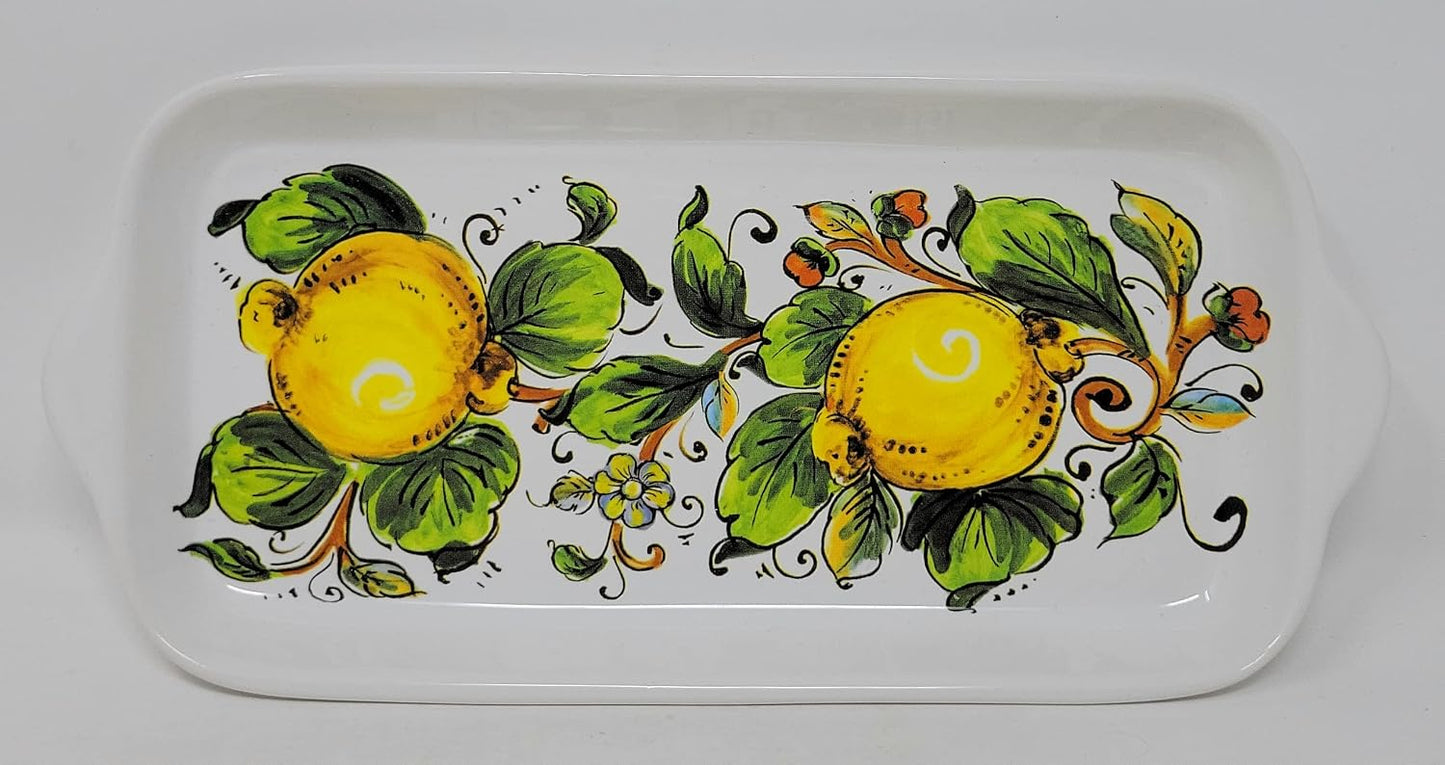 Nova Deruta Serving Appetizer Tray Plate, Handles, Large Lemons w/Blossoms, Leaves, Made in Italy, Italian Exclusively Handcrafted Earthenware for Sur La Table, Biscuit, Butter Platter 11" x 5.25"