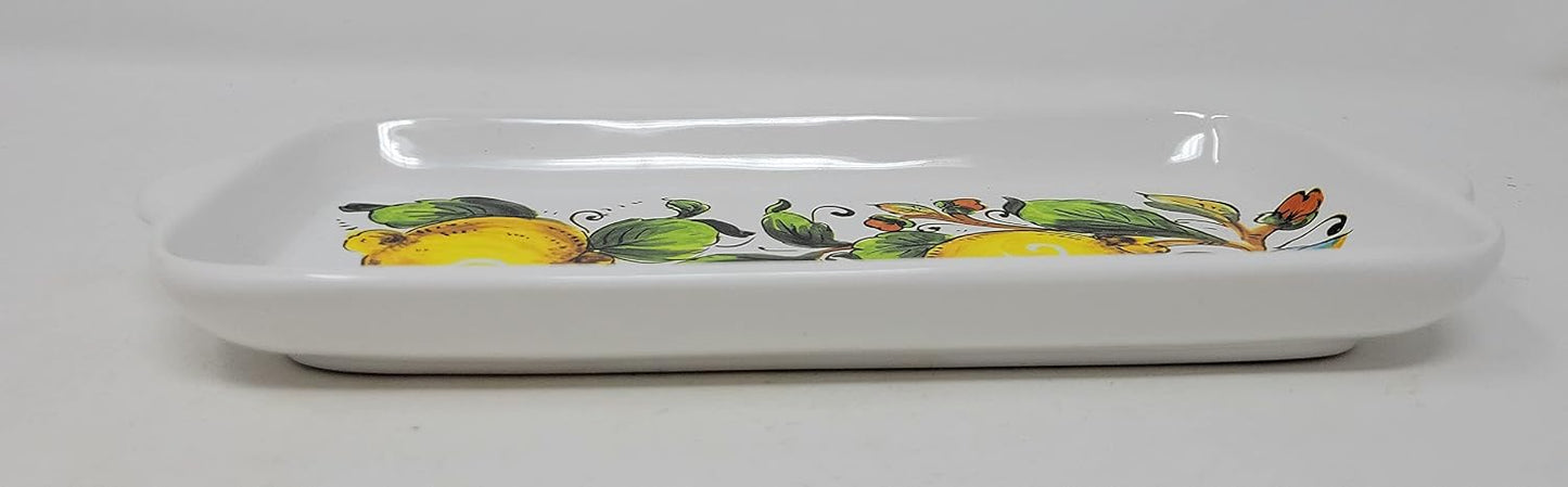 Nova Deruta Serving Appetizer Tray Plate, Handles, Large Lemons w/Blossoms, Leaves, Made in Italy, Italian Exclusively Handcrafted Earthenware for Sur La Table, Biscuit, Butter Platter 11" x 5.25"
