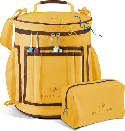 Crochet Bag Organizer – Durable Knitting Bag, Yarn Organizer for Accessories and Supplies, Canvas Yarn Holder, Crochet Carrying Case with Accessories Pouch, Storage Organizer –Mustard