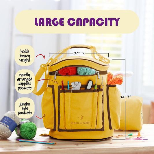 Crochet Bag Organizer – Durable Knitting Bag, Yarn Organizer for Accessories and Supplies, Canvas Yarn Holder, Crochet Carrying Case with Accessories Pouch, Storage Organizer –Mustard