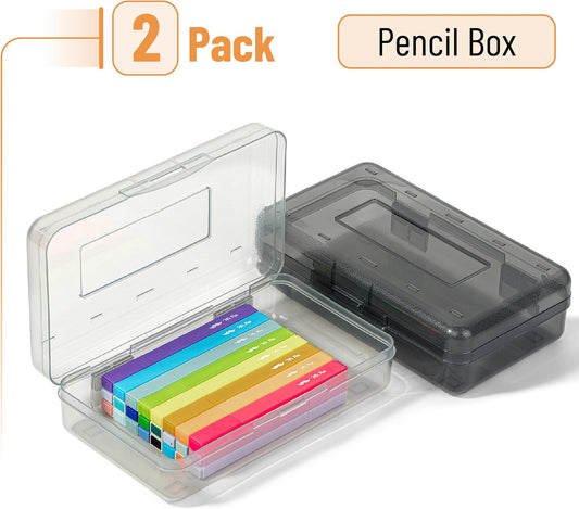 Plastic Pencil Case Box, 3 Pack, Large Crayon Marker Pen Organizer | Plastic Bead Organizing Container with Snap-Tight Lids, Clear Craft Storage Boxes, School Supplies - Colors A