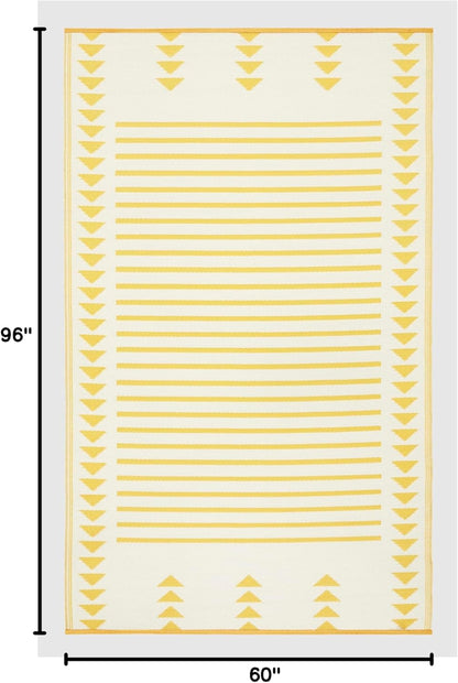 Outdoor Rug - Waterproof, Fade Resistant, Crease-Free - Premium Recycled Plastic - Geometric - Patio, Porch, Deck, Balcony - Hampton Stripe - Yellow Crease Free - 5 x 8 ft