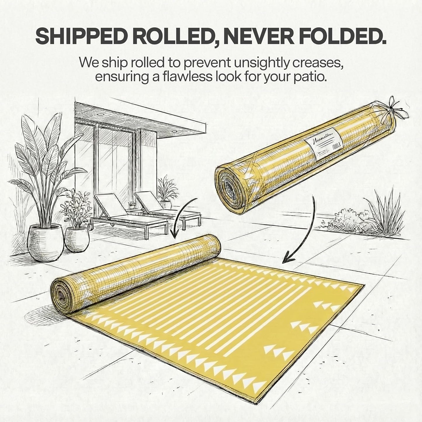 Outdoor Rug - Waterproof, Fade Resistant, Crease-Free - Premium Recycled Plastic - Geometric - Patio, Porch, Deck, Balcony - Hampton Stripe - Yellow Crease Free - 5 x 8 ft