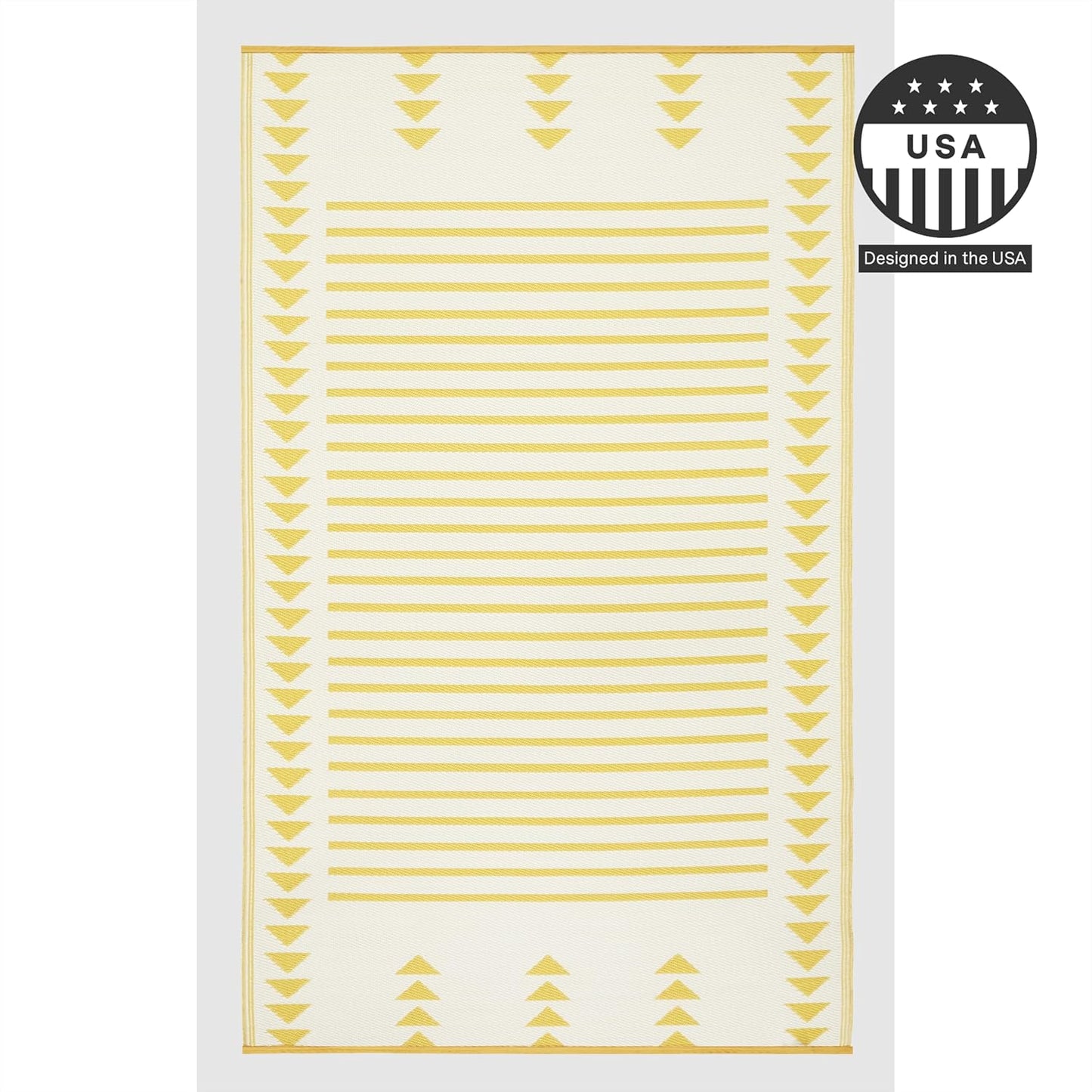 Outdoor Rug - Waterproof, Fade Resistant, Crease-Free - Premium Recycled Plastic - Geometric - Patio, Porch, Deck, Balcony - Hampton Stripe - Yellow Crease Free - 5 x 8 ft