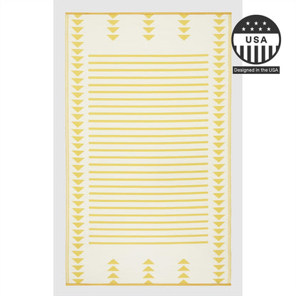 Outdoor Rug - Waterproof, Fade Resistant, Crease-Free - Premium Recycled Plastic - Geometric - Patio, Porch, Deck, Balcony - Hampton Stripe - Yellow Crease Free - 5 x 8 ft