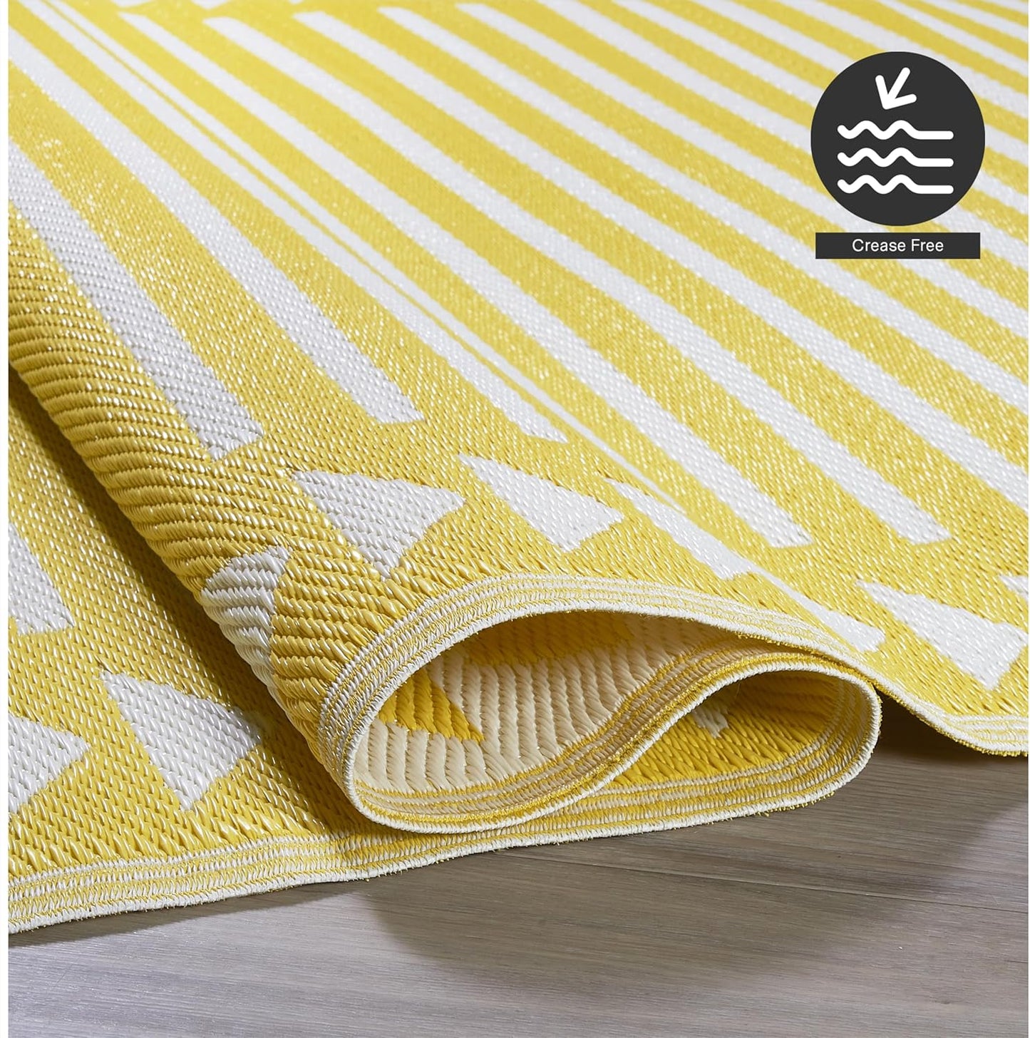 Outdoor Rug - Waterproof, Fade Resistant, Crease-Free - Premium Recycled Plastic - Geometric - Patio, Porch, Deck, Balcony - Hampton Stripe - Yellow Crease Free - 5 x 8 ft