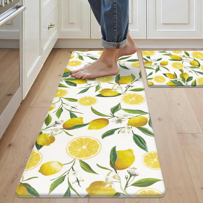 Anti Fatigue Lemon Kitchen Rugs Mats Set of 2 Pieces Non Slip Soft Cushioned Wipeable Kitchen Mats for Floor Standing Mats, 17"x27.5"+17"x47", White