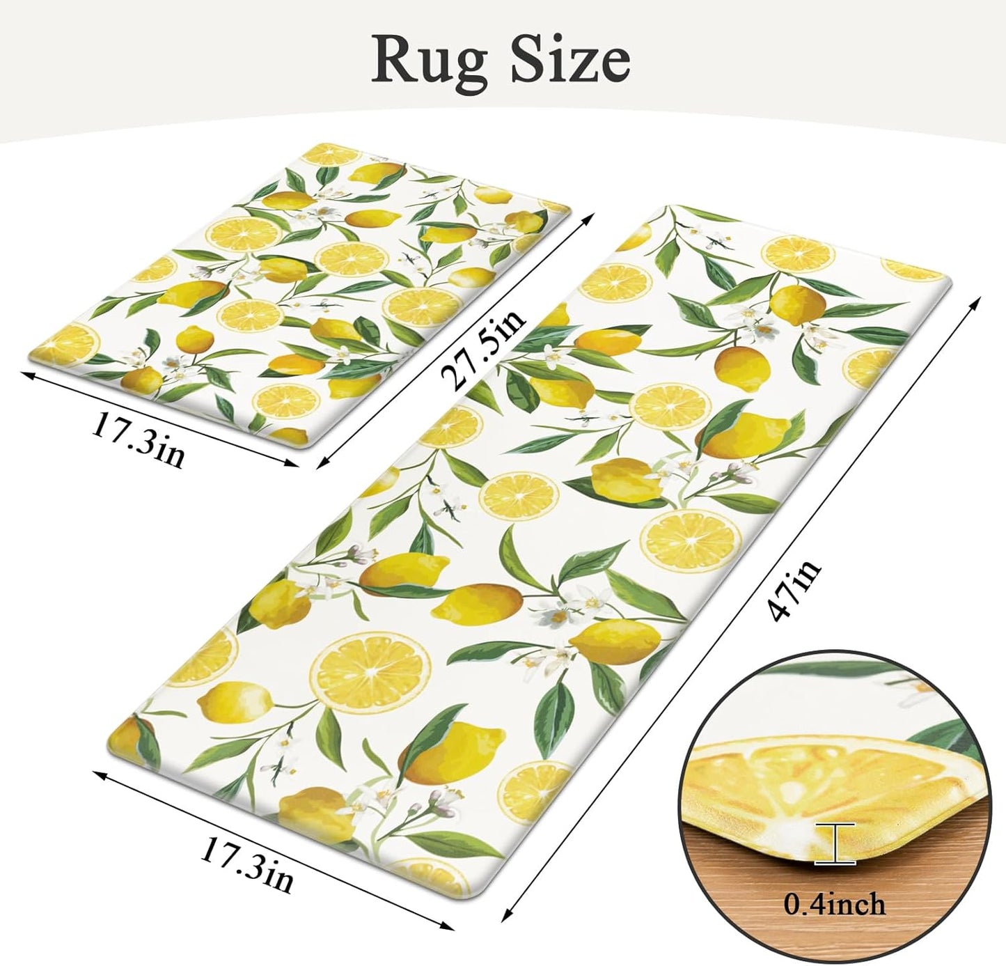 Anti Fatigue Lemon Kitchen Rugs Mats Set of 2 Pieces Non Slip Soft Cushioned Wipeable Kitchen Mats for Floor Standing Mats, 17"x27.5"+17"x47", White