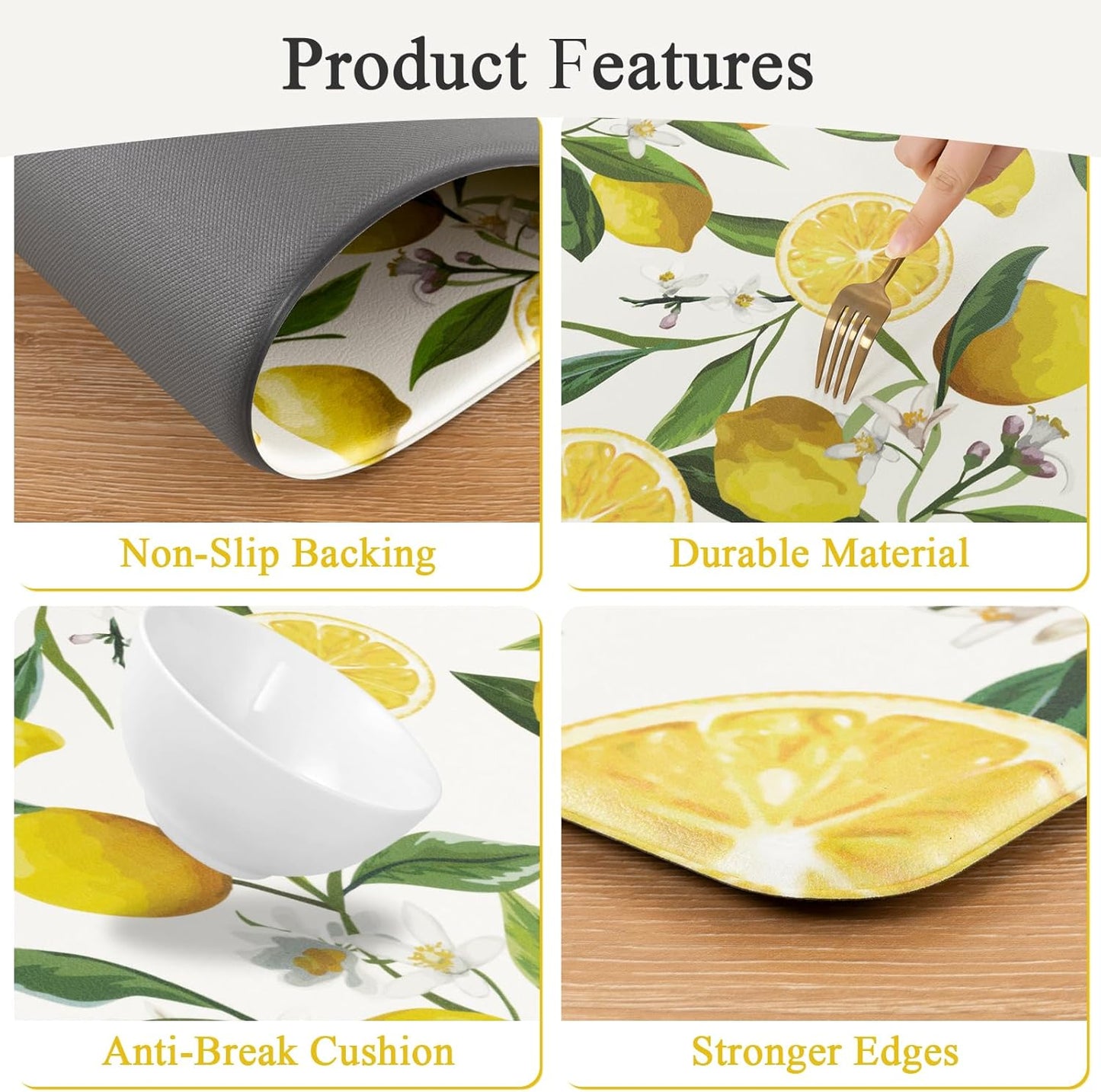 Anti Fatigue Lemon Kitchen Rugs Mats Set of 2 Pieces Non Slip Soft Cushioned Wipeable Kitchen Mats for Floor Standing Mats, 17"x27.5"+17"x47", White