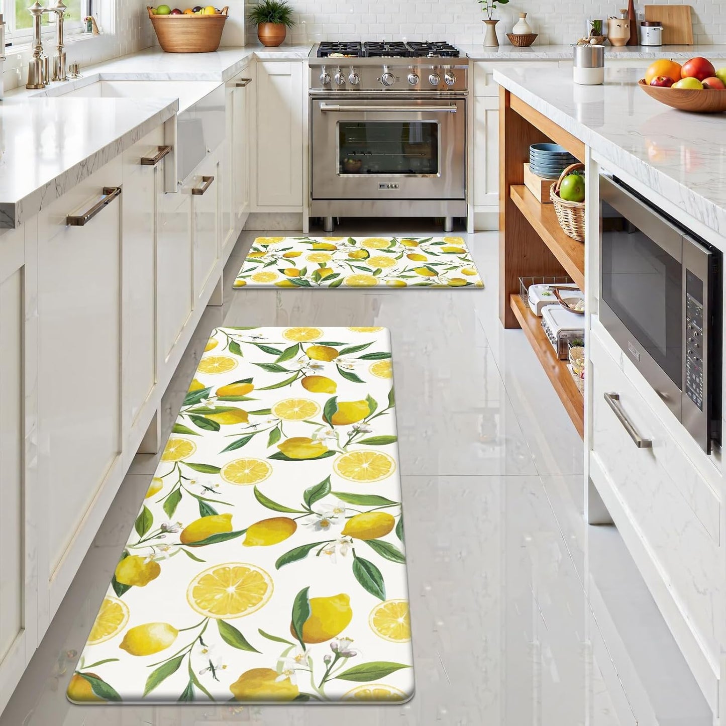 Anti Fatigue Lemon Kitchen Rugs Mats Set of 2 Pieces Non Slip Soft Cushioned Wipeable Kitchen Mats for Floor Standing Mats, 17"x27.5"+17"x47", White