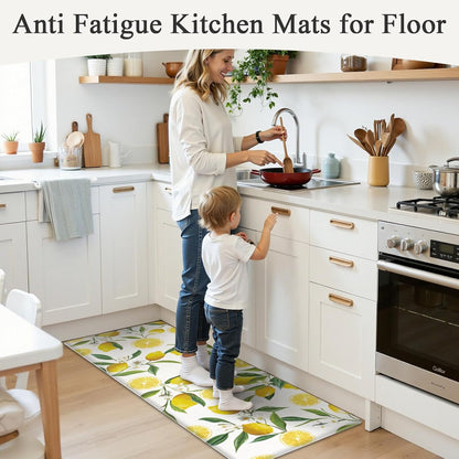 Anti Fatigue Lemon Kitchen Rugs Mats Set of 2 Pieces Non Slip Soft Cushioned Wipeable Kitchen Mats for Floor Standing Mats, 17"x27.5"+17"x47", White