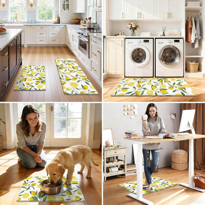 Anti Fatigue Lemon Kitchen Rugs Mats Set of 2 Pieces Non Slip Soft Cushioned Wipeable Kitchen Mats for Floor Standing Mats, 17"x27.5"+17"x47", White