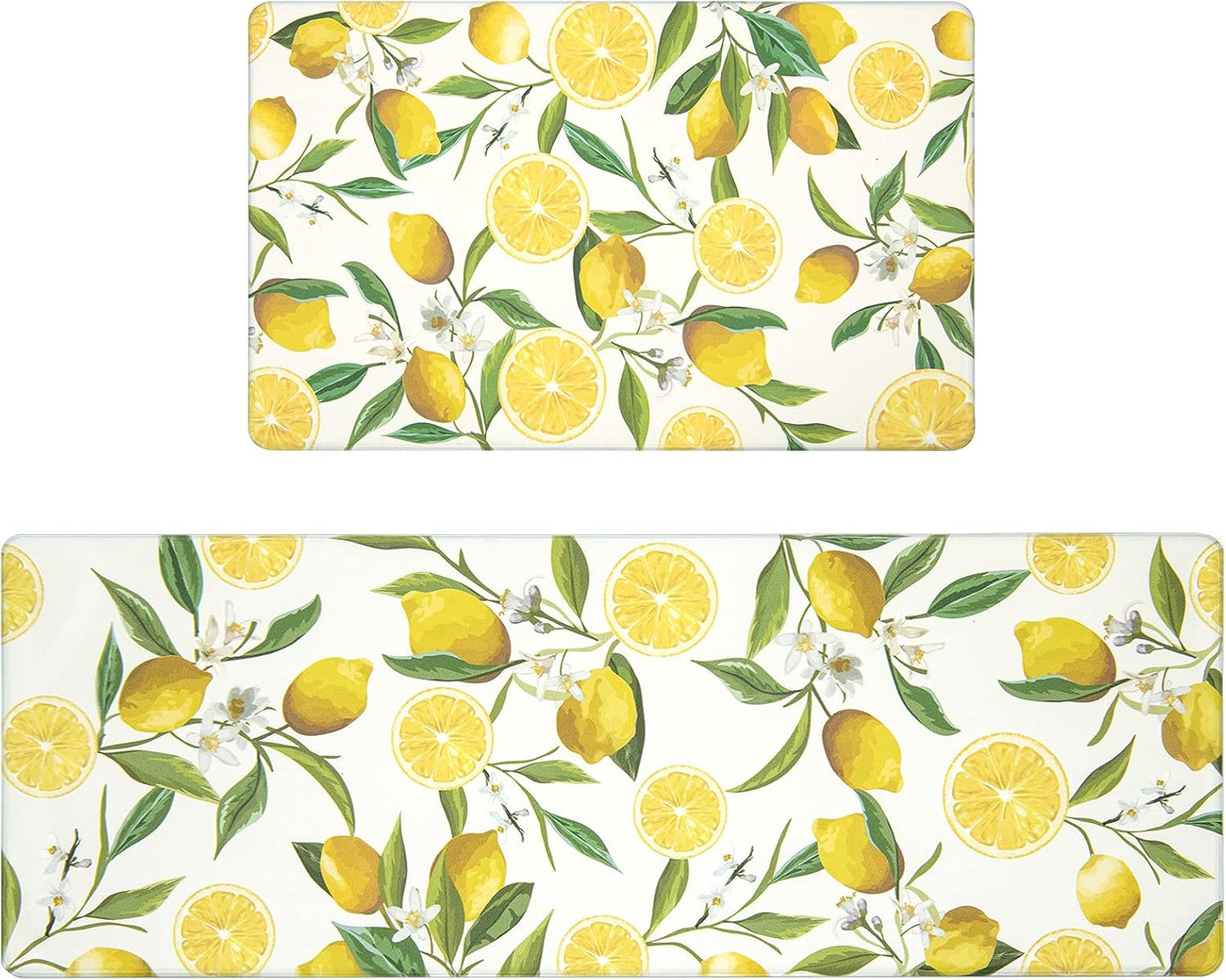 Anti Fatigue Lemon Kitchen Rugs Mats Set of 2 Pieces Non Slip Soft Cushioned Wipeable Kitchen Mats for Floor Standing Mats, 17"x27.5"+17"x47", White