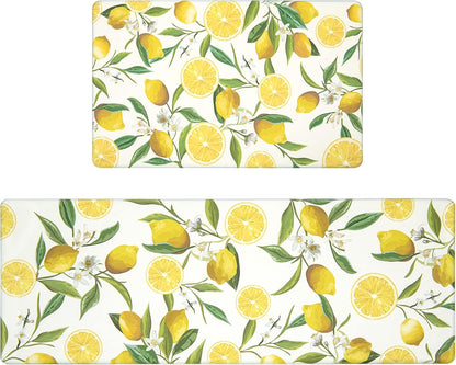 Anti Fatigue Lemon Kitchen Rugs Mats Set of 2 Pieces Non Slip Soft Cushioned Wipeable Kitchen Mats for Floor Standing Mats, 17"x27.5"+17"x47", White