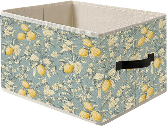 Chinoiserie Bow Floral Lemon Storage Bin Box with Handles, Vintage Shabby Chic Flower Lemons Tree Foldable Organizer Basket Toybox for Home Bedroom Bathroom Clothes Toys Books