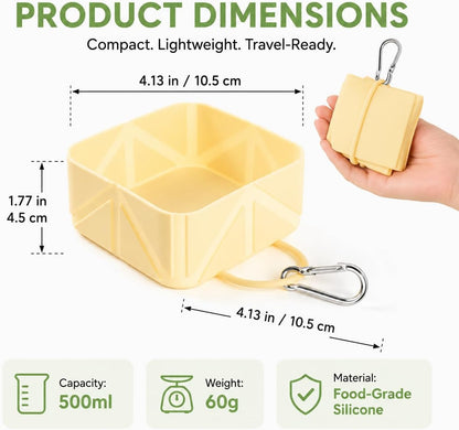 Portable Collapsible Silicone Dog Bowl, 500ml Foldable Pet Travel Bowl with Carabiner Clip, Leakproof Food & Water Dish for Dogs Cats, Lightweight Reusable Pet Bowl for Walking, Camping, Travel-Yellow