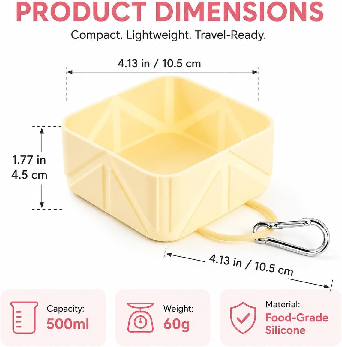 Portable Collapsible Silicone Dog Bowl, 500ml Foldable Pet Travel Bowl with Carabiner Clip, Leakproof Food & Water Dish for Dogs Cats, Lightweight Reusable Pet Bowl for Walking, Camping, Travel-Yellow