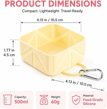Portable Collapsible Silicone Dog Bowl, 500ml Foldable Pet Travel Bowl with Carabiner Clip, Leakproof Food & Water Dish for Dogs Cats, Lightweight Reusable Pet Bowl for Walking, Camping, Travel-Yellow