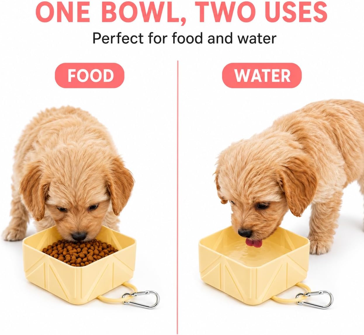 Portable Collapsible Silicone Dog Bowl, 500ml Foldable Pet Travel Bowl with Carabiner Clip, Leakproof Food & Water Dish for Dogs Cats, Lightweight Reusable Pet Bowl for Walking, Camping, Travel-Yellow