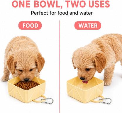 Portable Collapsible Silicone Dog Bowl, 500ml Foldable Pet Travel Bowl with Carabiner Clip, Leakproof Food & Water Dish for Dogs Cats, Lightweight Reusable Pet Bowl for Walking, Camping, Travel-Yellow