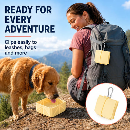 Portable Collapsible Silicone Dog Bowl, 500ml Foldable Pet Travel Bowl with Carabiner Clip, Leakproof Food & Water Dish for Dogs Cats, Lightweight Reusable Pet Bowl for Walking, Camping, Travel-Yellow
