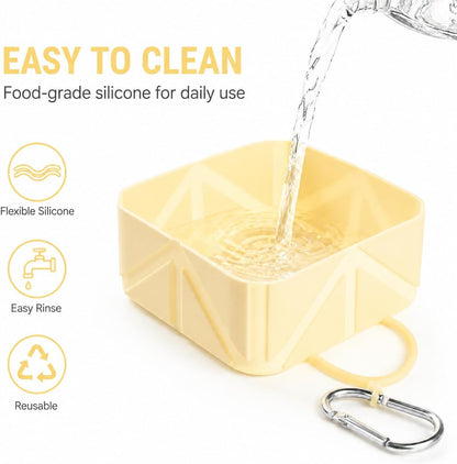 Portable Collapsible Silicone Dog Bowl, 500ml Foldable Pet Travel Bowl with Carabiner Clip, Leakproof Food & Water Dish for Dogs Cats, Lightweight Reusable Pet Bowl for Walking, Camping, Travel-Yellow