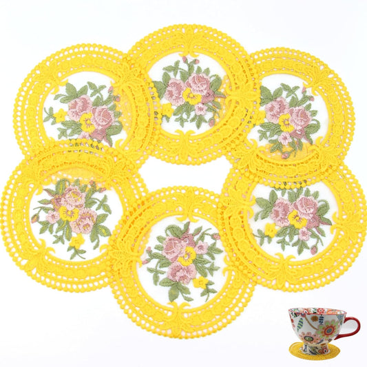 4.5'' 8pk Cloth Vintage Coasters, Small Crocheted lace doilies, Gold Embroidered Fabric Coasters for Drinks, Yellow Lace Embroidery Coasters for Tea Cup, Tabletop Photography Decoration (Golden)