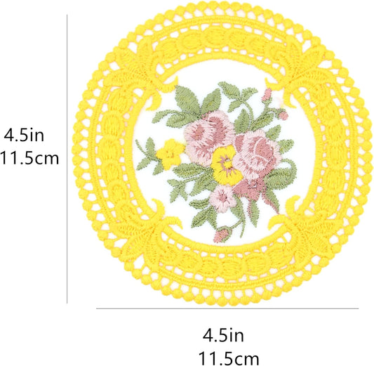 4.5'' 8pk Cloth Vintage Coasters, Small Crocheted lace doilies, Gold Embroidered Fabric Coasters for Drinks, Yellow Lace Embroidery Coasters for Tea Cup, Tabletop Photography Decoration (Golden)