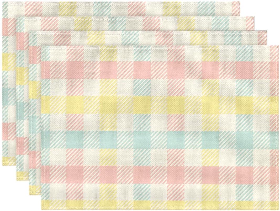 Buffalo Plaid Blue Pink Yellow Spring Easter Placemats Set of 4, 12x18 Inch Table Mat Easter Placemat Decor for Holiday Party Kitchen Dining Room Decoration