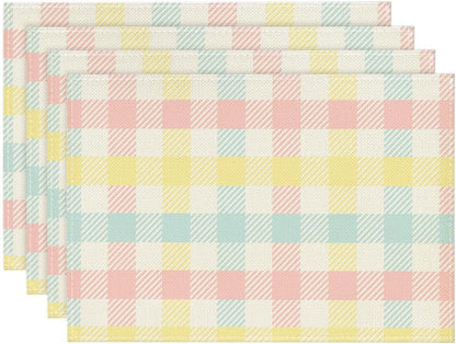 Buffalo Plaid Blue Pink Yellow Spring Easter Placemats Set of 4, 12x18 Inch Table Mat Easter Placemat Decor for Holiday Party Kitchen Dining Room Decoration