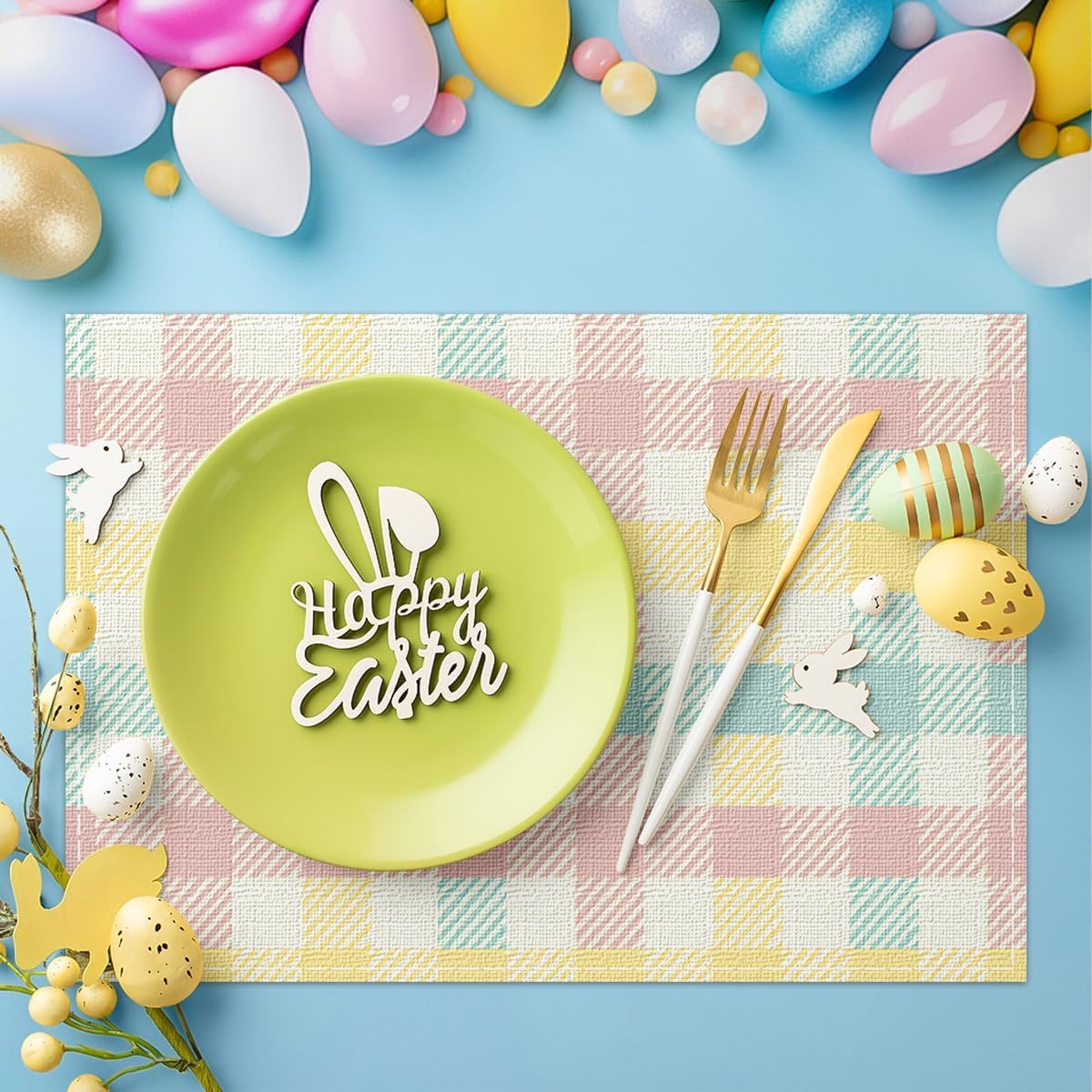 Buffalo Plaid Blue Pink Yellow Spring Easter Placemats Set of 4, 12x18 Inch Table Mat Easter Placemat Decor for Holiday Party Kitchen Dining Room Decoration
