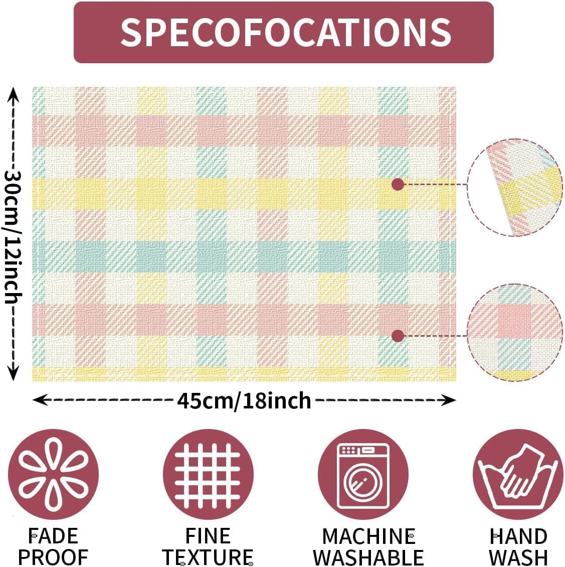 Buffalo Plaid Blue Pink Yellow Spring Easter Placemats Set of 4, 12x18 Inch Table Mat Easter Placemat Decor for Holiday Party Kitchen Dining Room Decoration