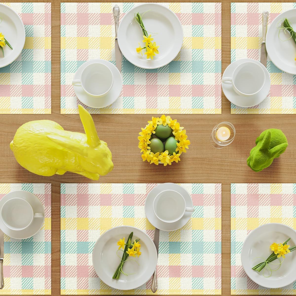 Buffalo Plaid Blue Pink Yellow Spring Easter Placemats Set of 4, 12x18 Inch Table Mat Easter Placemat Decor for Holiday Party Kitchen Dining Room Decoration