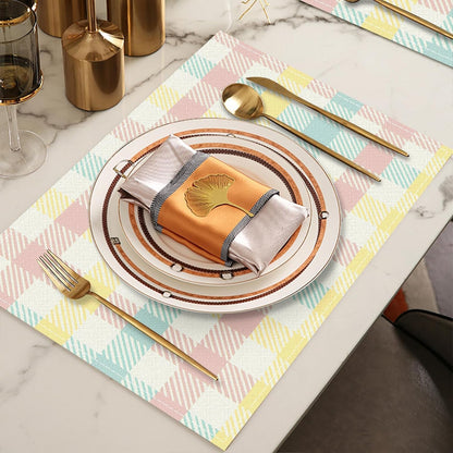Buffalo Plaid Blue Pink Yellow Spring Easter Placemats Set of 4, 12x18 Inch Table Mat Easter Placemat Decor for Holiday Party Kitchen Dining Room Decoration