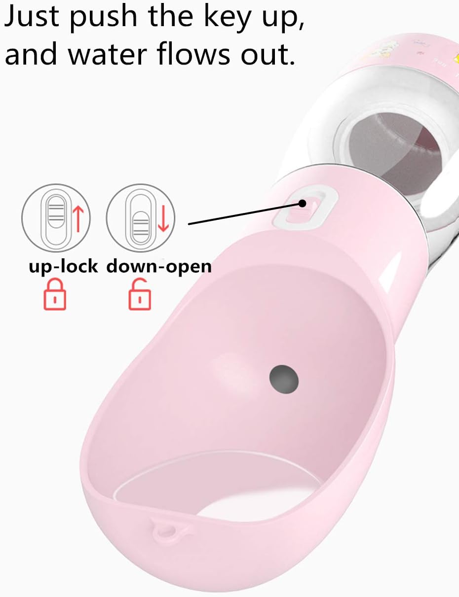 Portable Dog Water Bottle with Food Container Dishwasher Safe-Pink | 3 IN1 Drinking Bottle for Pet Puppy Outdoor Walking Hiking Travel | Leak Proof Dog Water dispenser with Bowl BPA Free