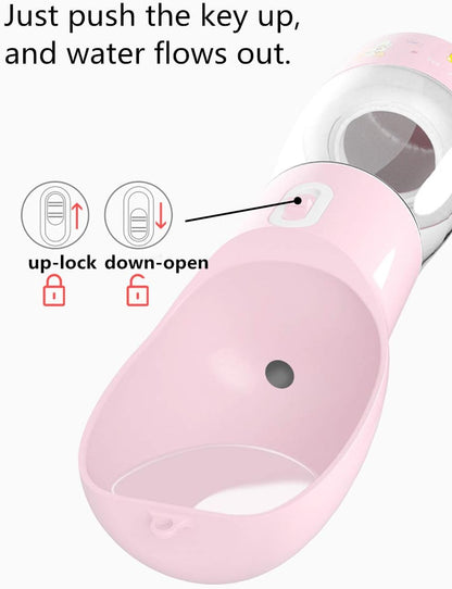 Portable Dog Water Bottle with Food Container Dishwasher Safe-Pink | 3 IN1 Drinking Bottle for Pet Puppy Outdoor Walking Hiking Travel | Leak Proof Dog Water dispenser with Bowl BPA Free