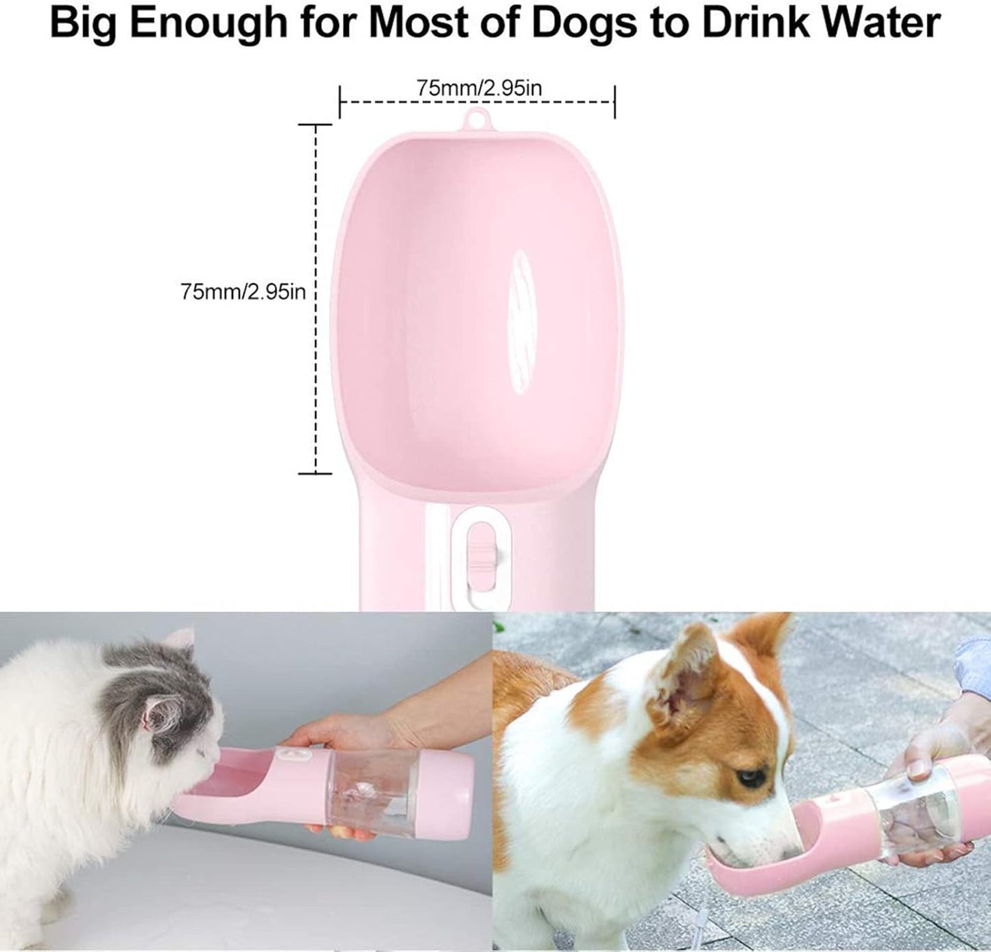 Portable Dog Water Bottle with Food Container Dishwasher Safe-Pink | 3 IN1 Drinking Bottle for Pet Puppy Outdoor Walking Hiking Travel | Leak Proof Dog Water dispenser with Bowl BPA Free