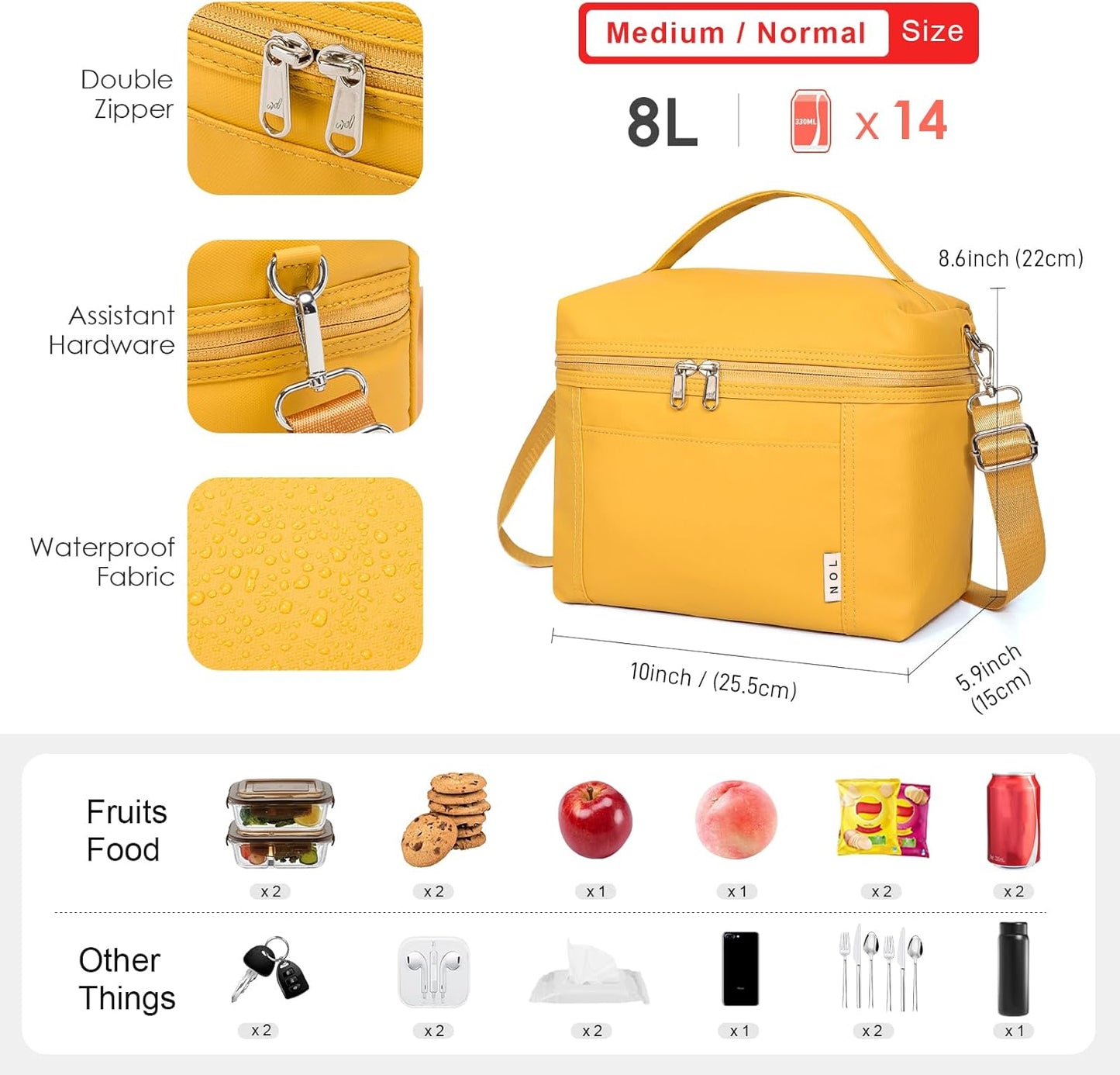 Insulated Lunch Bags for Women Cooler Bag Lightweight Nylon Waterproof Lunch Box For Work (Earth-yellow, Medium(normal))